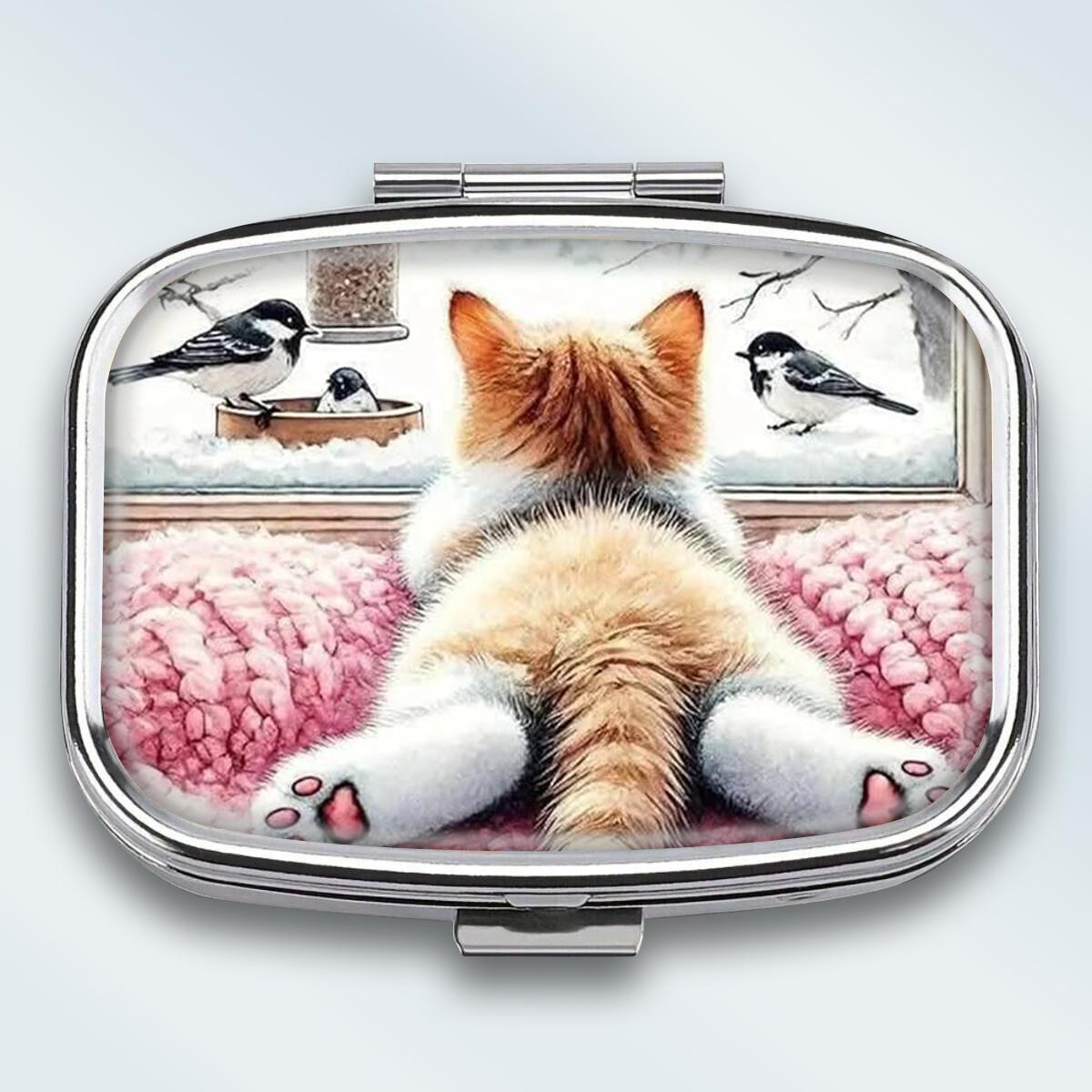 

Portable Pill Box with 2 Compartments, Mini Metal Medicine Organizer Case, Cute Printed Pill Container for Vitamins, Pills, Jewelry, Travel, Daily Use разноцветный