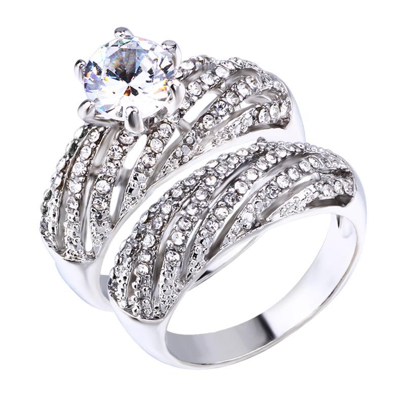 2Pcs Full zirconium double-layer alloy engagement ring for women, a simple and classic ring design. 5
