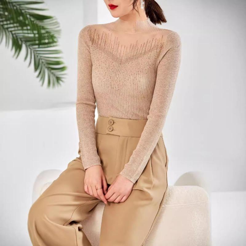 Silk wool knitted bottoming shirt women's long-sleeved winter new hot diamond semi-turtleneck top slim-fitting sweater