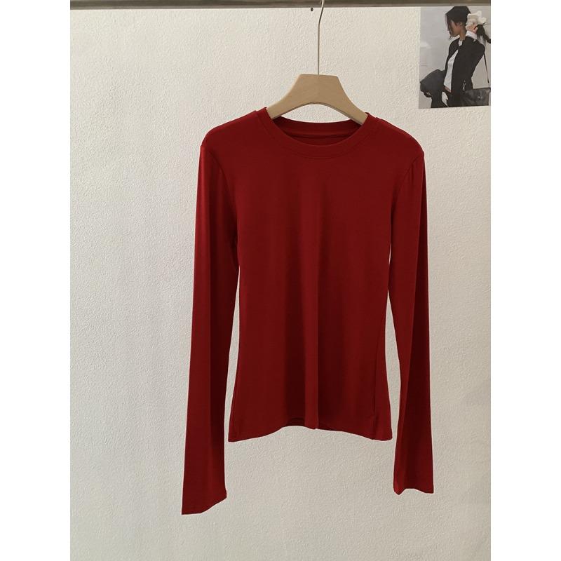Frühling Herbst Rundhals Einfarbig Unterteil T-Shirt Damen Langarm Schlicht Allround Elastischer Pullover T-Shirt Top