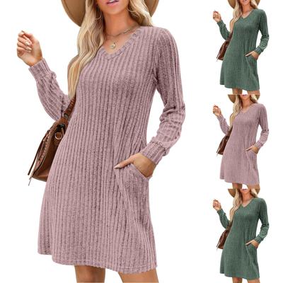 Womens V Neck Fall Dresses Long Sleeve Casual Sweater Short Dress Fashion Clothes