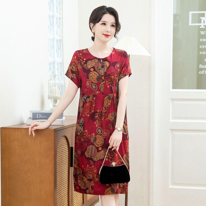 Summer Cotton Silk Dress for Middle-Aged & Elderly Women - Plus Size, Mid-Length, Short Sleeve, Loose Fit for 50s & 60s Mothers
