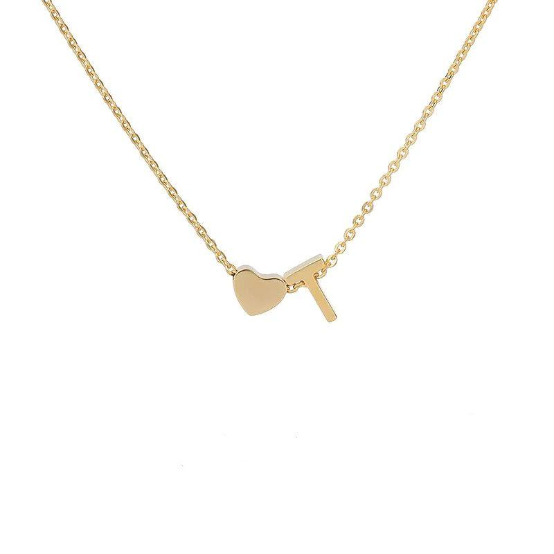 Stainless Steel Gold Heart & Alphabet Bead Necklace A-Z