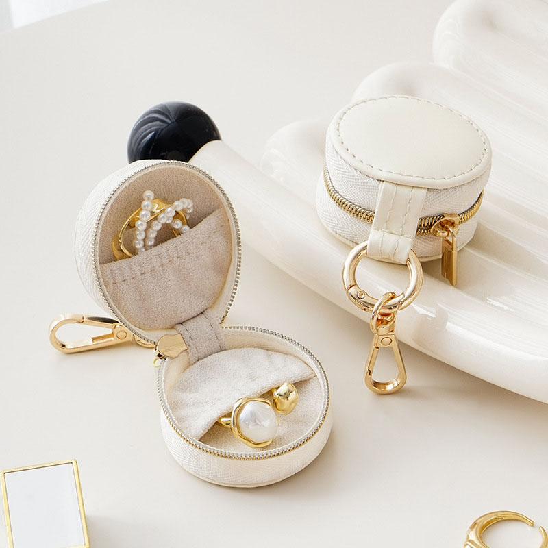 Portable Faux Leather Jewelry Storage Box with Zipper Closure - Compact Round Design, Travel Bag Pendant Earring Ring StorageBox