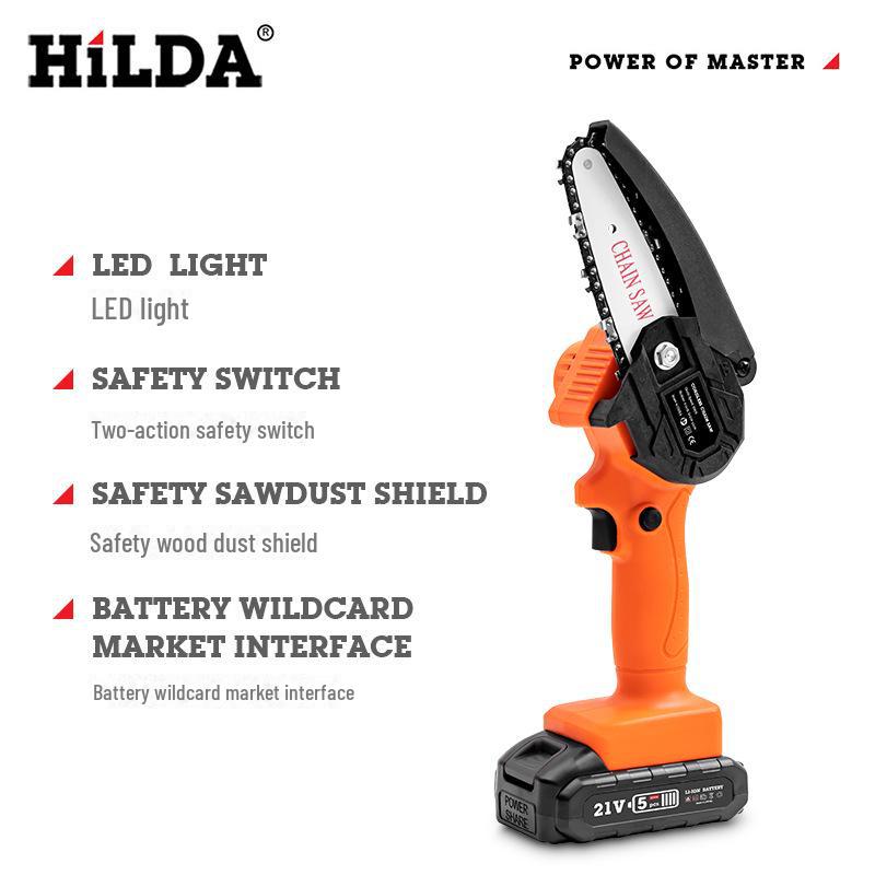HILDA Electric Mini Chainsaw, Lithium Battery, Certified for Felling & Pruning