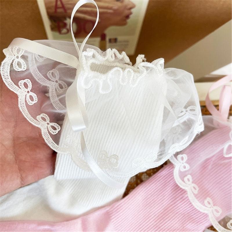 Fashionable Ruffle Mesh Splicing Ankle Socks with Bows Detail Breathable Elegant Solid Color Middle Tube Socks for Women