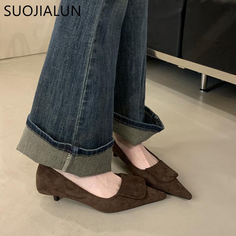 Fashion SUOJIALUN 2024 Autumn Women Pointed Toe Boat Shoes Fashion Red Ladies Elegant Dress Pumps Shoes Thin Low Heel Outdoor Dress Pump