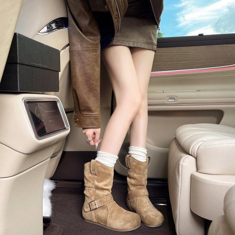 Pleated Pile Boots Women's 2025 Autumn New Belt Buckle Retro Brown Maillard Skinny Inner Heightening Short Boots Women