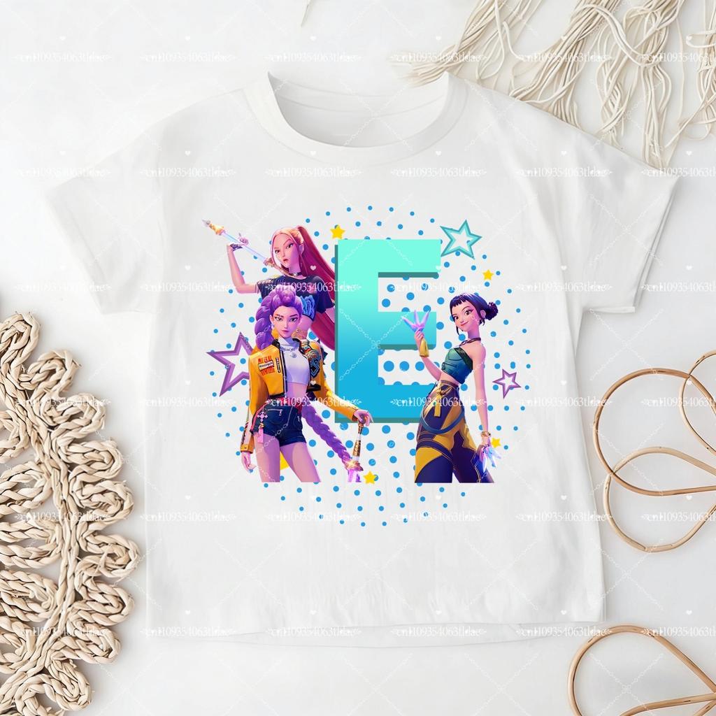 K-pop Demon Hunter Children's Cotton T-shirt for Girls - Sports Shirt - 2026 New Summer Short-Sleeved Casual Top - A-Z Letters