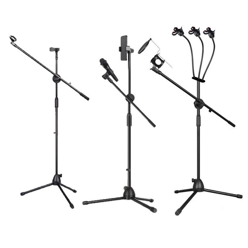 Adjustable Metal Floor Microphone and Phone Stand with Tripod Base for Live Singing