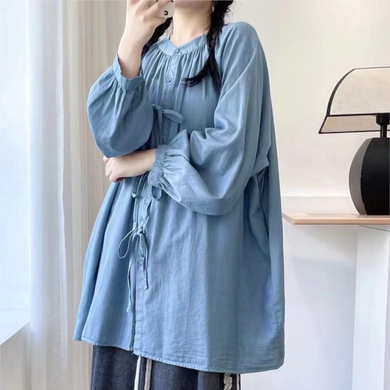 Johnature Japanese Forest Bow Tie Cotton Midi Shirt Women Spring Autumn Casual Loose Balloon Sleeve Tops