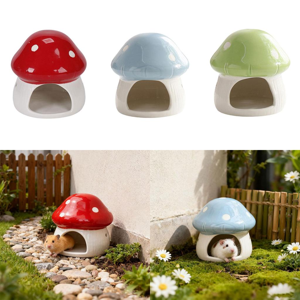 Ceramic Hamster House, Sturdy Guinea Pig Hideout, Mushroom Shaped Cave Habitat for Small Animals Dwarf Hamster Chipmunk