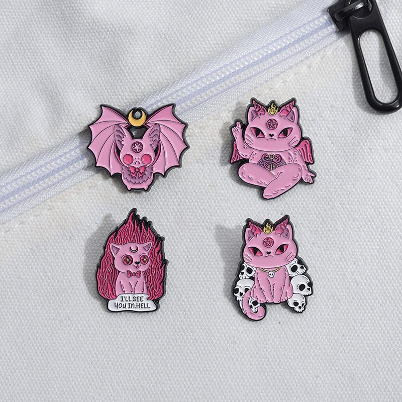 Adorable Cartoon Style Halloween Brooch With Pink Skull Bat And Cat For Festive Decoration
