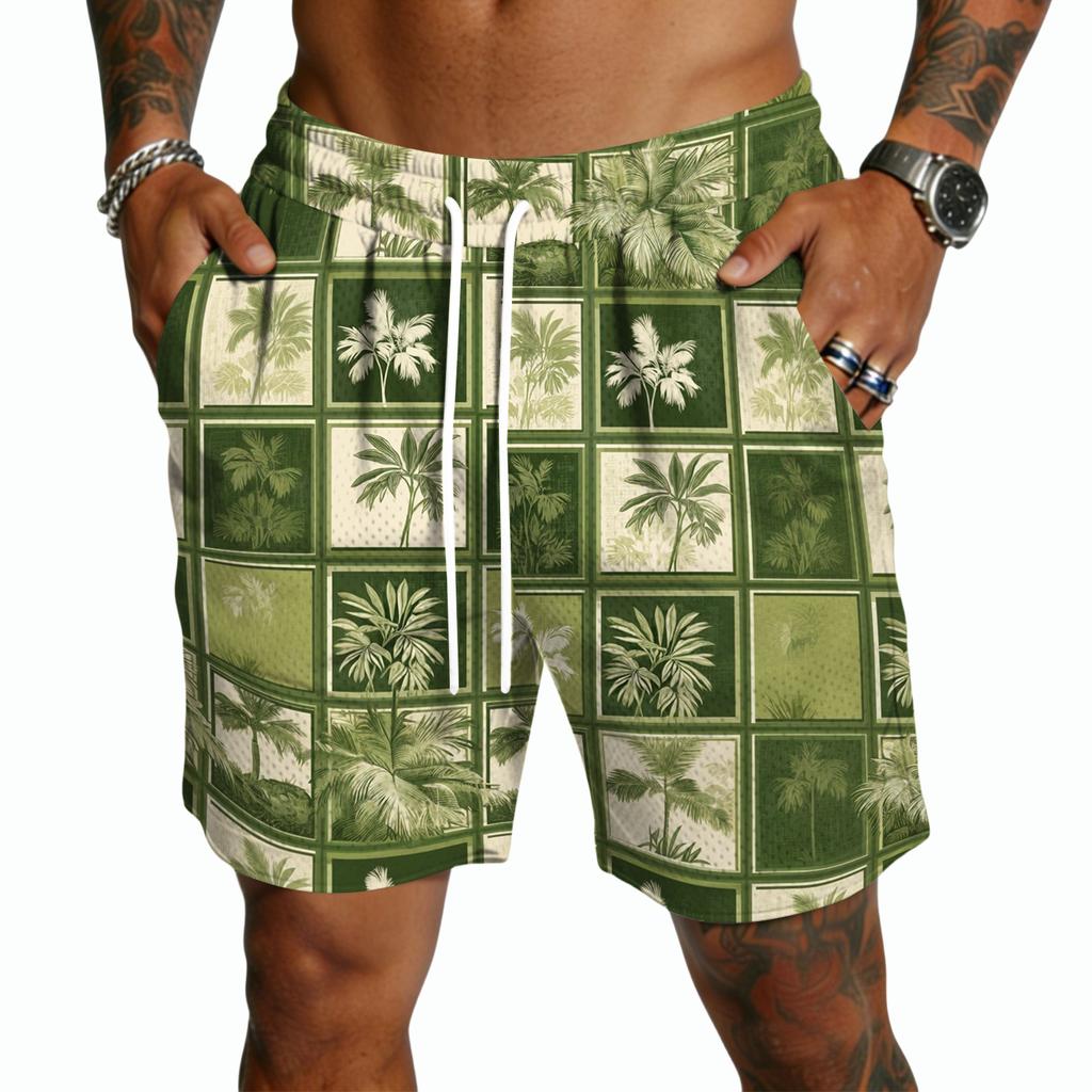 Herren Freizeitshorts mit Kordelzug Leichte Schnelltrocknende Fünf-Punkt-Länge Hawaiianischer Print Sommer Strandmode Badeshorts