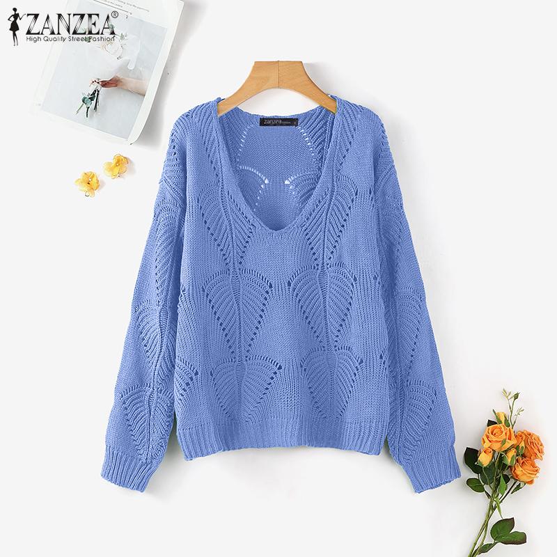 ZANZEA Autumn Women V Neck Long Sleeve Hollow Out Casual Knitted Sweaters Jumpers