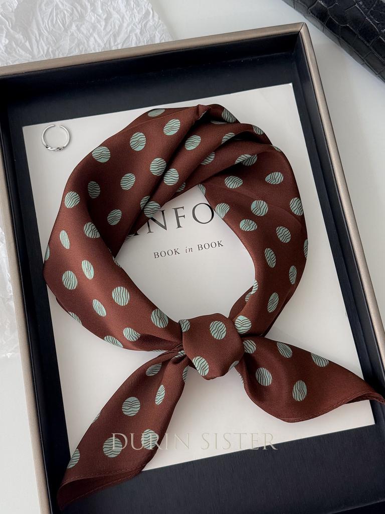 Retro mocha polka dot coffee silk scarf double crepe silk small square scarf 111 mulberry silk senior women's spring and autumn new models