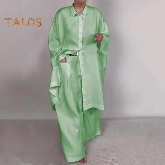 2 ks/sada Podzim Jaro Dámské Košile Kalhoty Set Dlouhé Rukávy Klopa Halenka se zapínáním na knoflíky a Kapsou na hrudi Pružný pas Kalhoty OL Dojíždění Sport