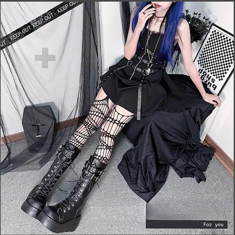 Boucle Métallique Plateforme Épaisse Bottes Punk Femmes Hiver Gothique Fond Épais Jusqu'au Genou Bottes Compensées Noires Chaussures Cosplay