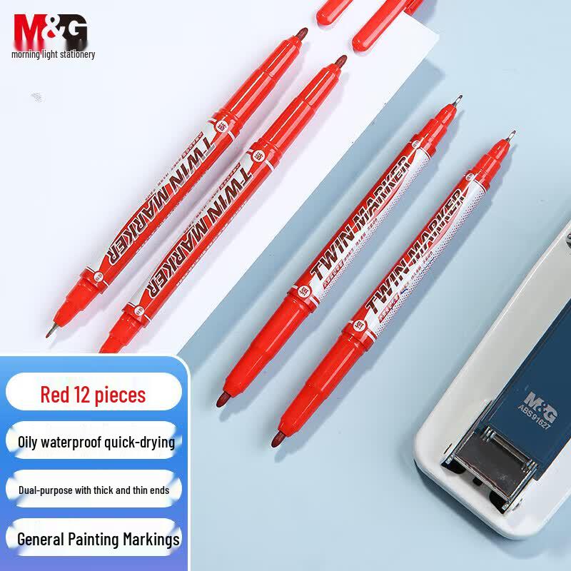 M&G 7403 Red Dual-Tip Waterproof Marker Pens, 12-Pack
