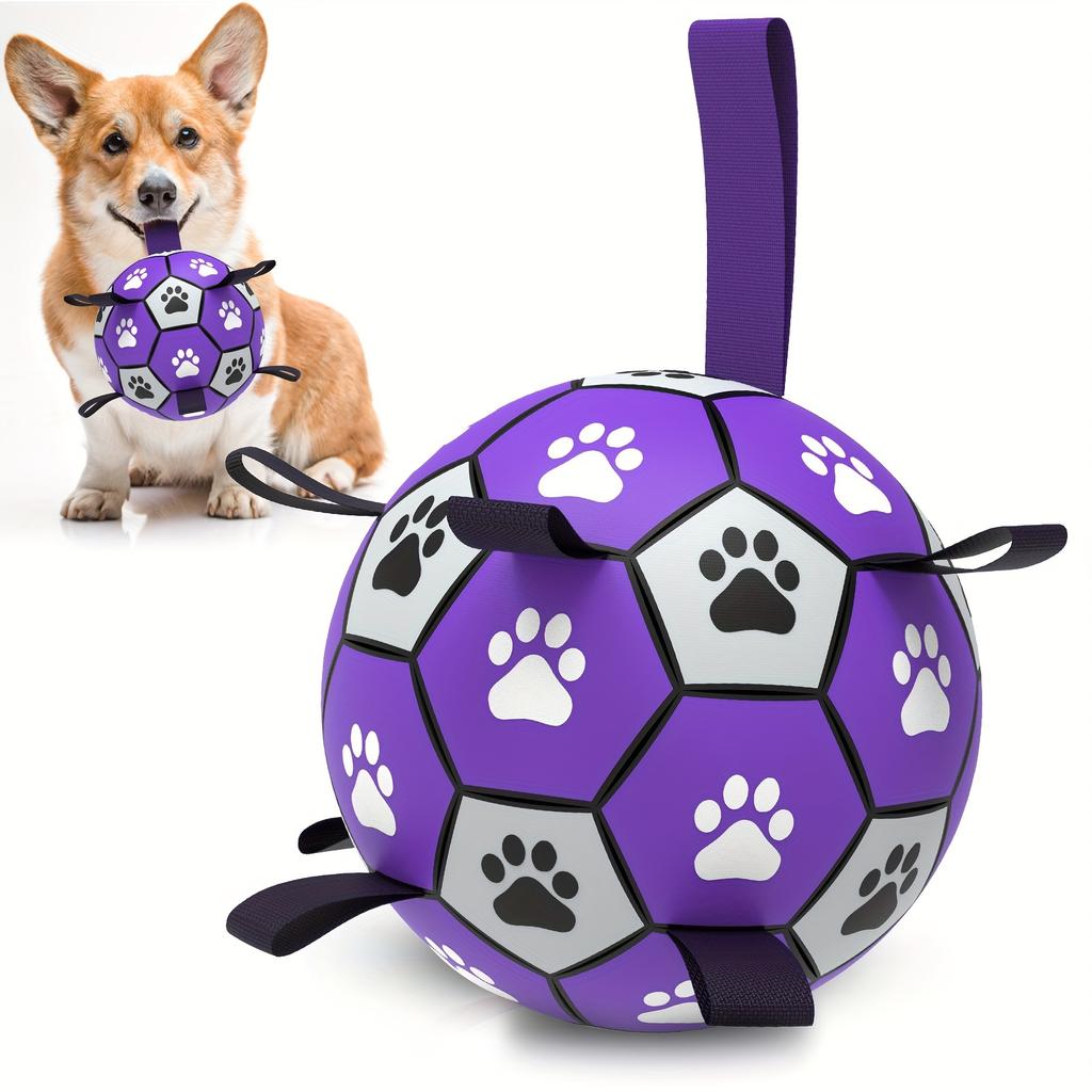 Durable Rubber Dog Soccer Ball with Straps - Interactive Chew-Resistant Pet Toy for All Breed Sizes, Purple &Black with Paw Print Design,Dog Ball Toy