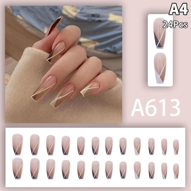 24Pcs French Multiple Styles Fake Nails Press On Nails Gel On Painted Reusable Fast Wearable Nail Tips Detachable Full Finished