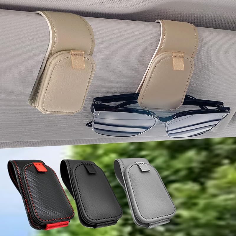 Sunglass Holder For Car, 2 Pack Car Sunglass Holder Visor Clip Magnetic Leather Sun Glasses Eyeglass Hanger, Fit For Different Size Eyeglasses,