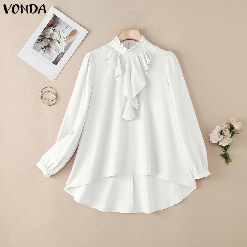 VONDA Women Elegant Casual Ruffled Stand Neck Loose Long Sleeve Irregular Blouse