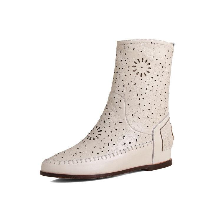 

Leather hollow short boots children s spring and summer new breathable carved Martin boots slope heel soft bottom hole cool boots increase in height 39