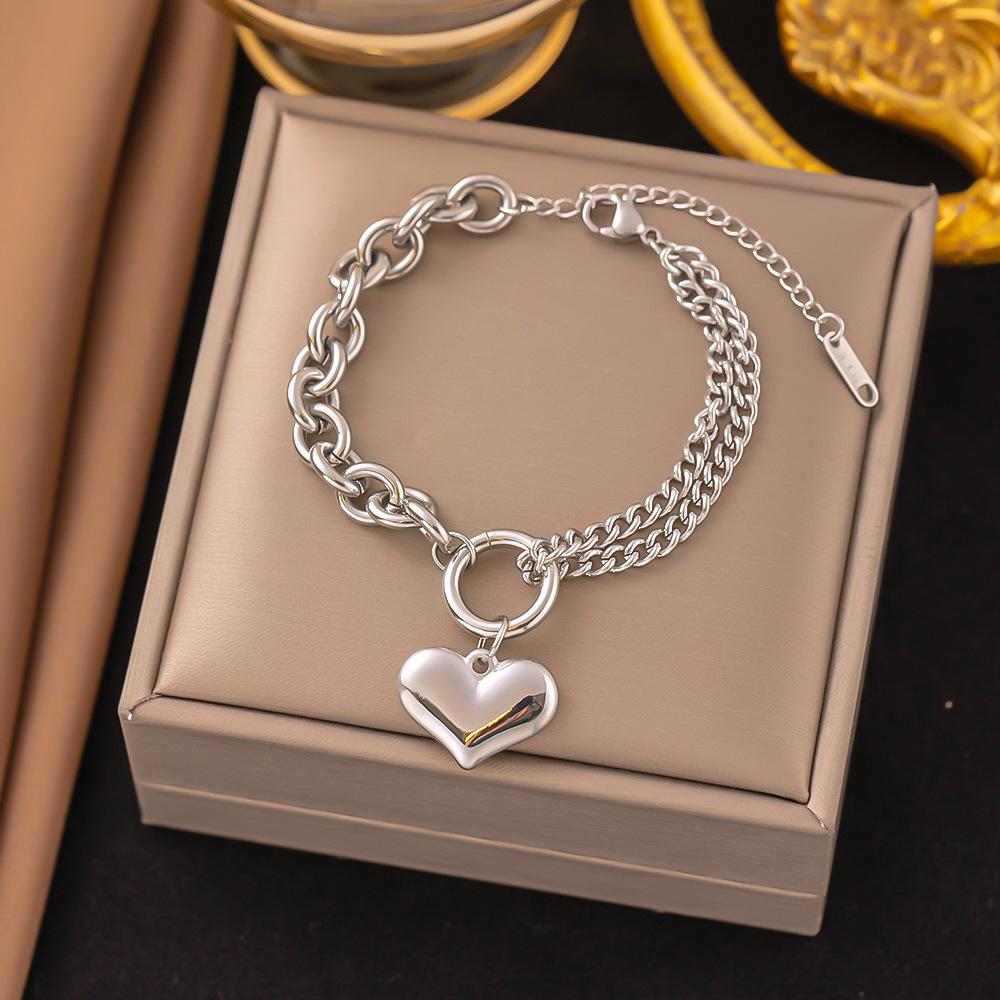 18K Gold Plated 316L Fashionable Titanium Steel Bracelets Waterproof Heart Roman Numerals Queen's Chain Link Bangles
