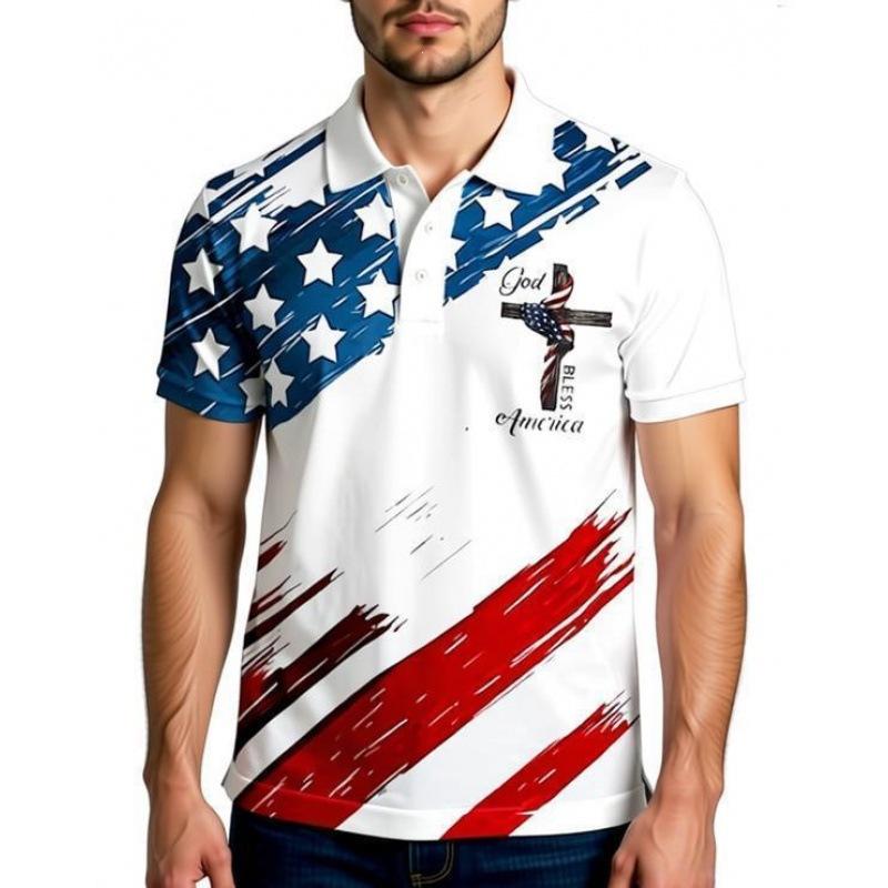 Patriotic 1776 Flag Print Short Sleeve Polo Shirt, Stylish Casual Wear