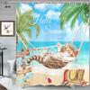 Funny Cat Beach Shower Curtain, Summer Blue Ocean Palm Tree Leaf Nature Bath Curtains, Fun Cute Tropical Decor Waterproof Fabric