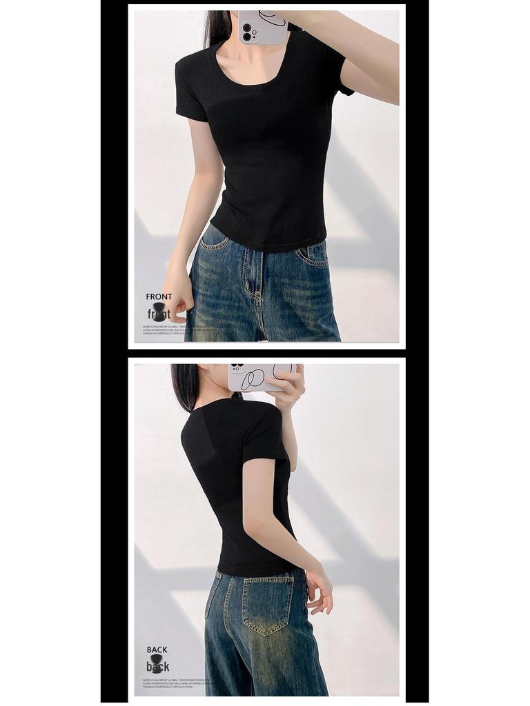 Women's Summer Slim Fit Pink U-Neck T-Shirt - Versatile & Stylish Short Sleeve Top