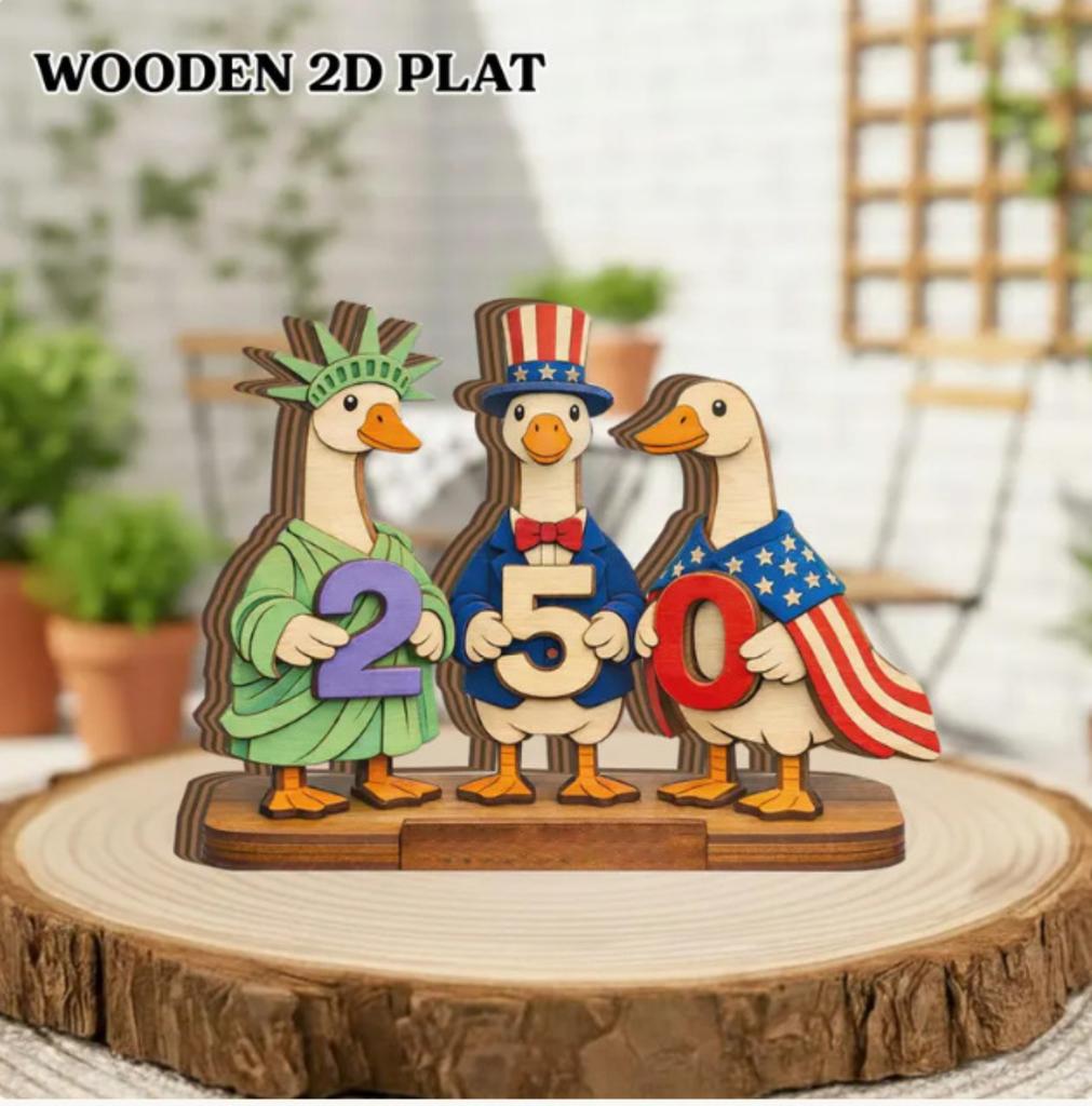 Wooden Decorative Statue Featuring Three Geese in Themed Outfits Holding Number Figures for Home or Office Display