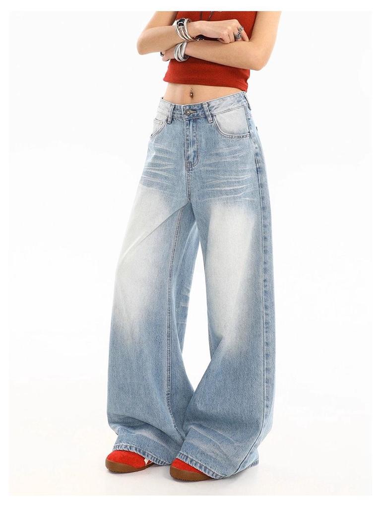 Jeans de Verano para Mujer Azul Medio Lavado Retro Desgastado Pierna Recta Pierna Ancha