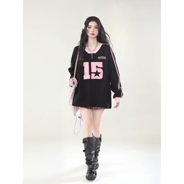 

CVC Cotton 300#V-Neck Hoodie Women Loose Fit Long Sleeve T-Shirt Fall M