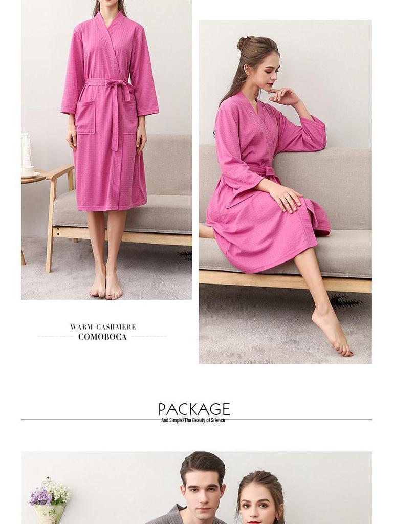 Waffle Pattern Bathrobe Couple Pajamas, Unisex Summer Three-Quarter Sleeve, Korean Style, Polyester & Absorbent.