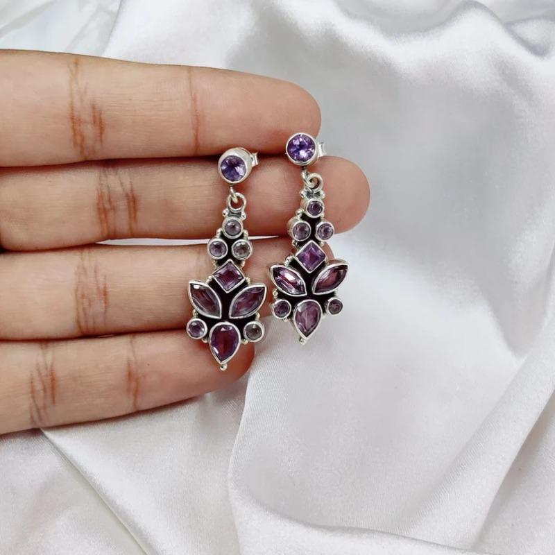 Vintage Oval Round Inlaid Purple Stone Earrings Geometric Creativity Silver Color Dangle Earrings for Women Jewelry