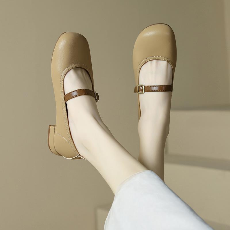 Mary Jane Shoes Women's Shallow Mouth Soft Leather Low Heel Single Shoes Cross Design Mary Jane Shoes