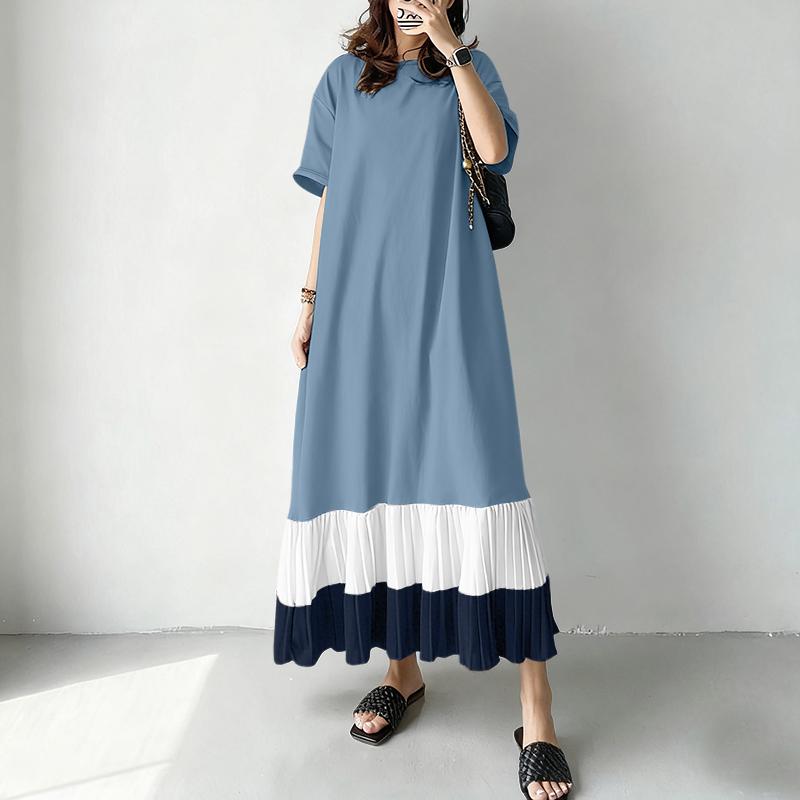 

ZANZEA Women Casual Round Neck Summer Short Sleeve Splice Long Dress 2XL синій