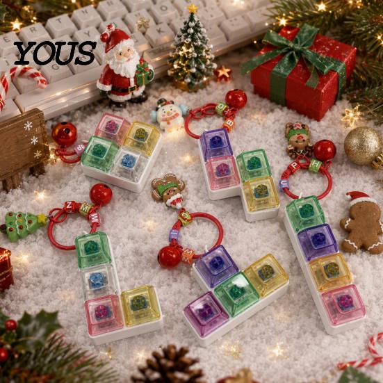 Portable Sensory Toy for Anxiety Christmas Mechanical Keyboard Fidget Keychain, Push Button Stress Relief Tree Hanging Ornament with Reindeer