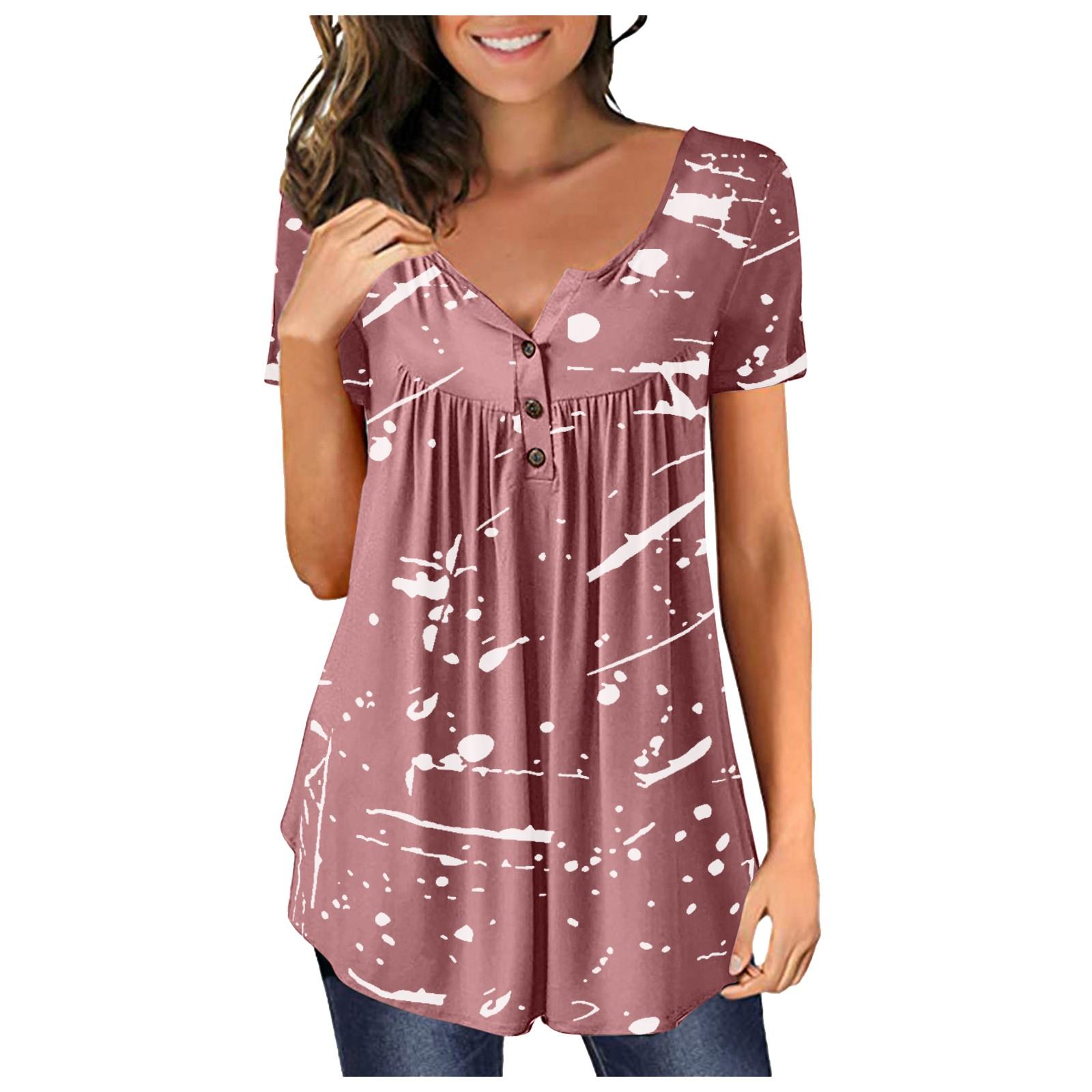 

Жіноча модна повсякденна футболка з принтом і коміром на ґудзиках, пуловер з короткими рукавами XXXXL рожевий