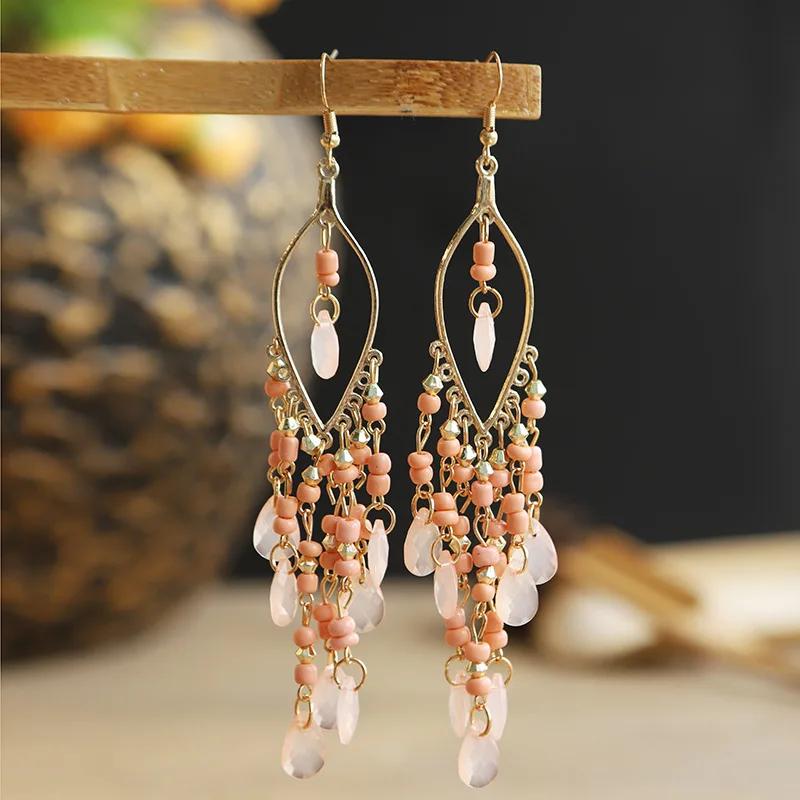 Boho Ethnic Seed Beads Long Earrings For Women Colorful Crystal Tassel Dangle Drop Earring Girls  Party Jewelry