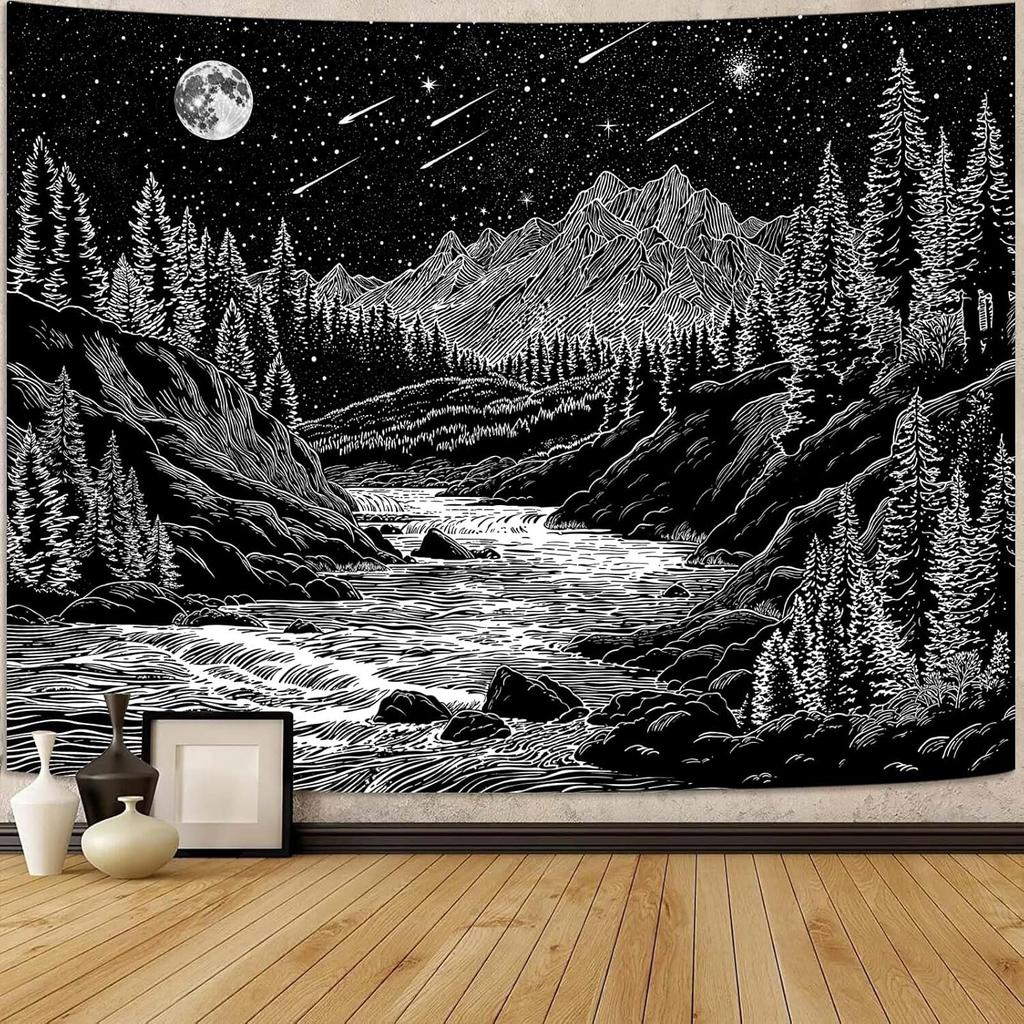 VIKAMA Black And White Starry Night Mountain Tapestry Bedroom Aesthetic Moon Tapestry Dark Natural Forest Wall Hanging