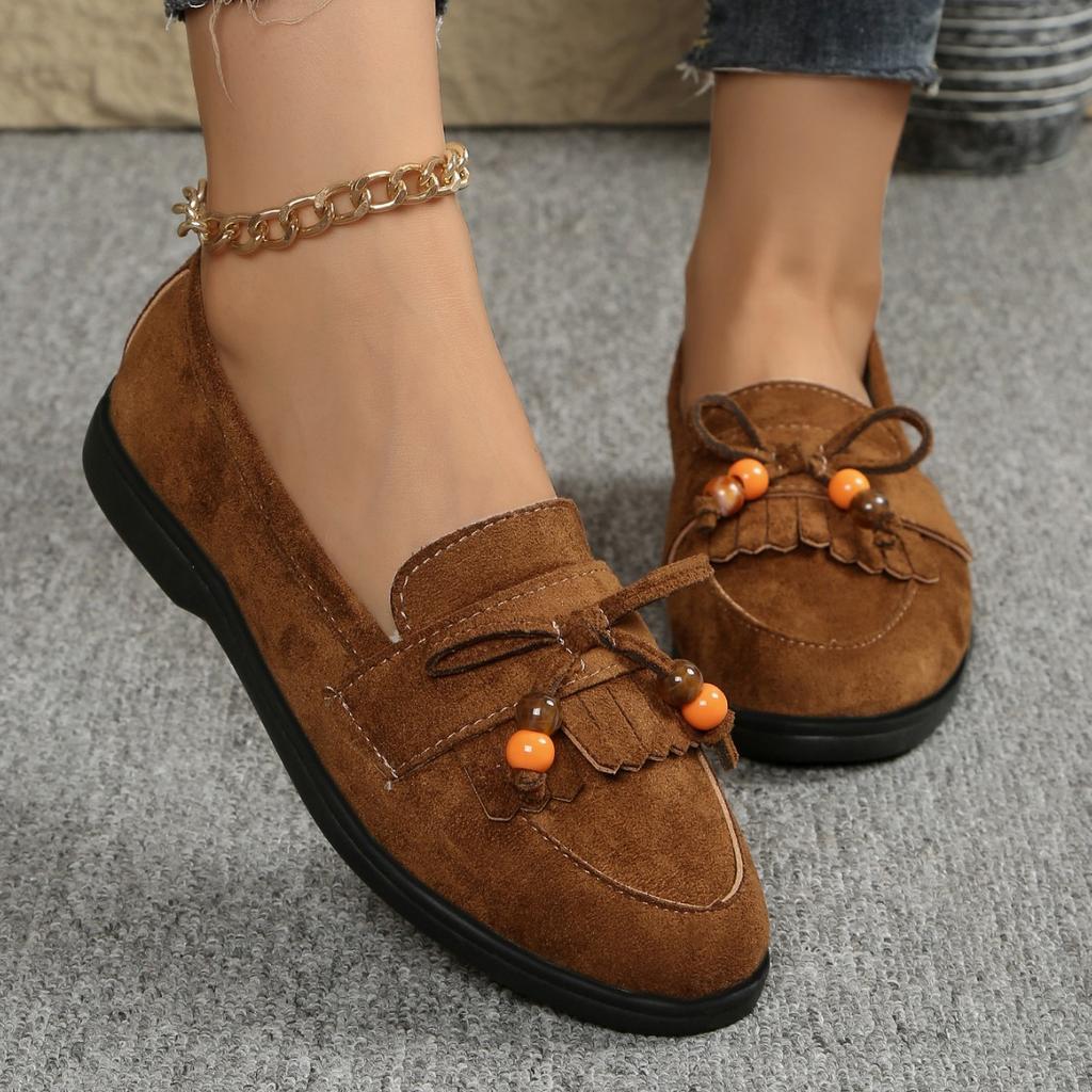 Sapatos Boken 22 outono novo camurça sola macia franjas com contas sapatos de um só