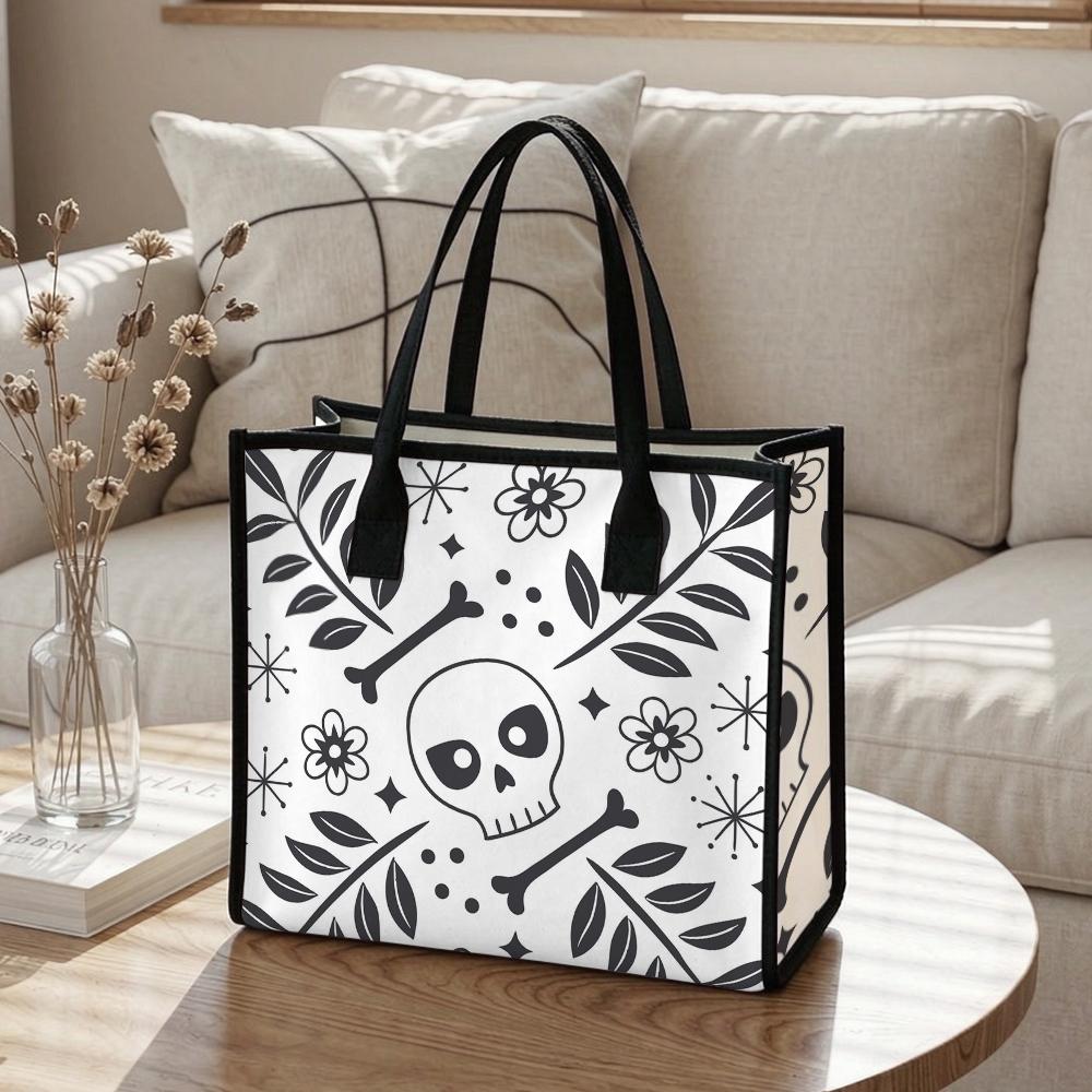 Cute Skull Floral Print Canvas Tote Bag