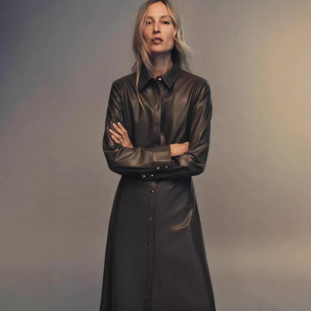 Women's 2025 Faux Leather Long-Sleeve Belted Shirt Dress – Winter Collection