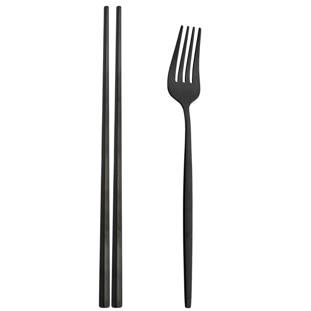 2Pcs Black Stainless Steel Set Cutlery Dinner Fork Chopsticks Portable Dinnerware Set Silverware Western Kitchen Home Tableware