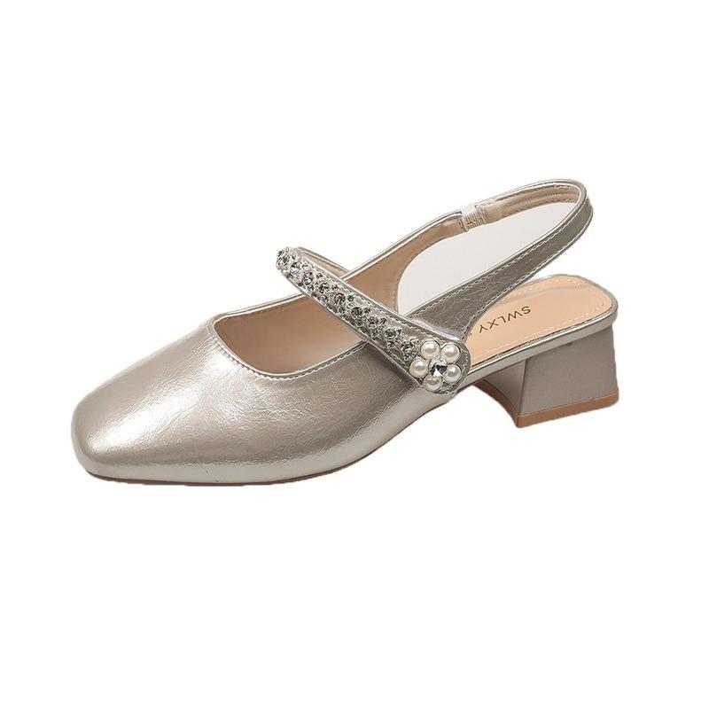 Thick Heel Mary Jane Bag Head Sandals Women's Summer New Rhinestone One-word Square Head Light Mouth Single Shoes