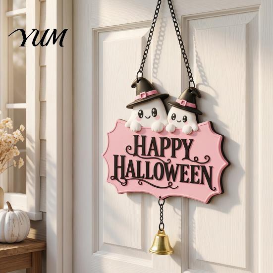 Festive Entrance Hanging Bell Halloween Cute Witch Hat Ghost Door Sign, Wooden Decoration, Decorative Skull Doorbell Pendants for Indoor Outdoor Home