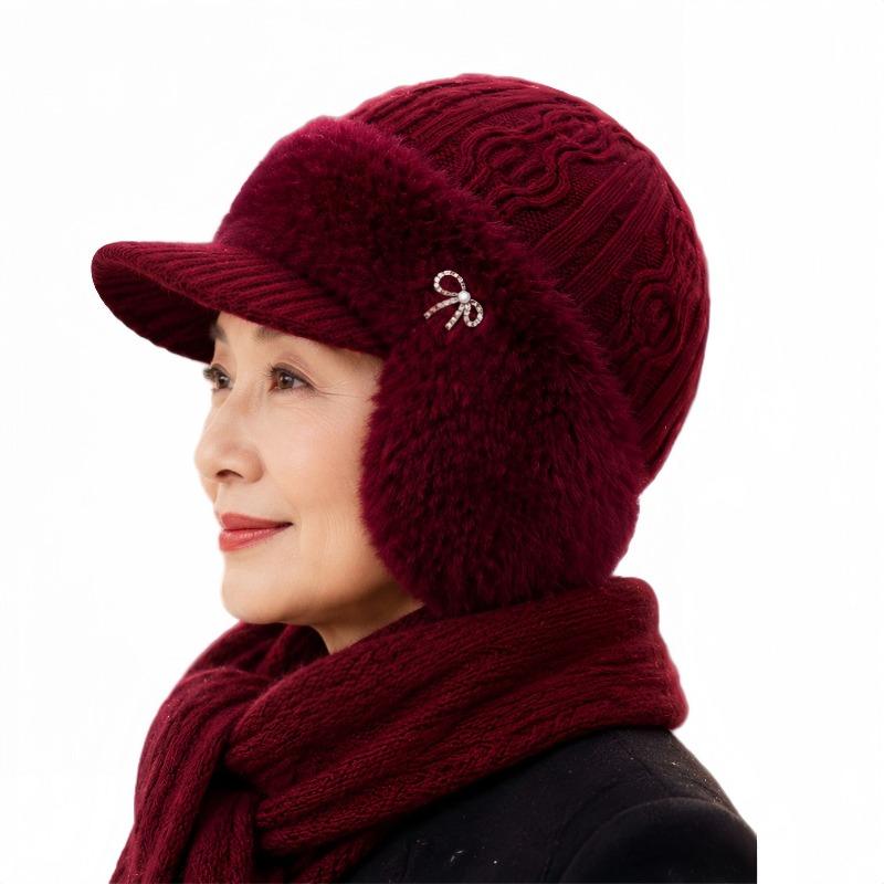 Women Knitted Hat for Middle Aged Elderly Ear Protection Windproof Fleece Lined Warm Yarn Beanie Coldproof Mom Hat for Autumn Winter
